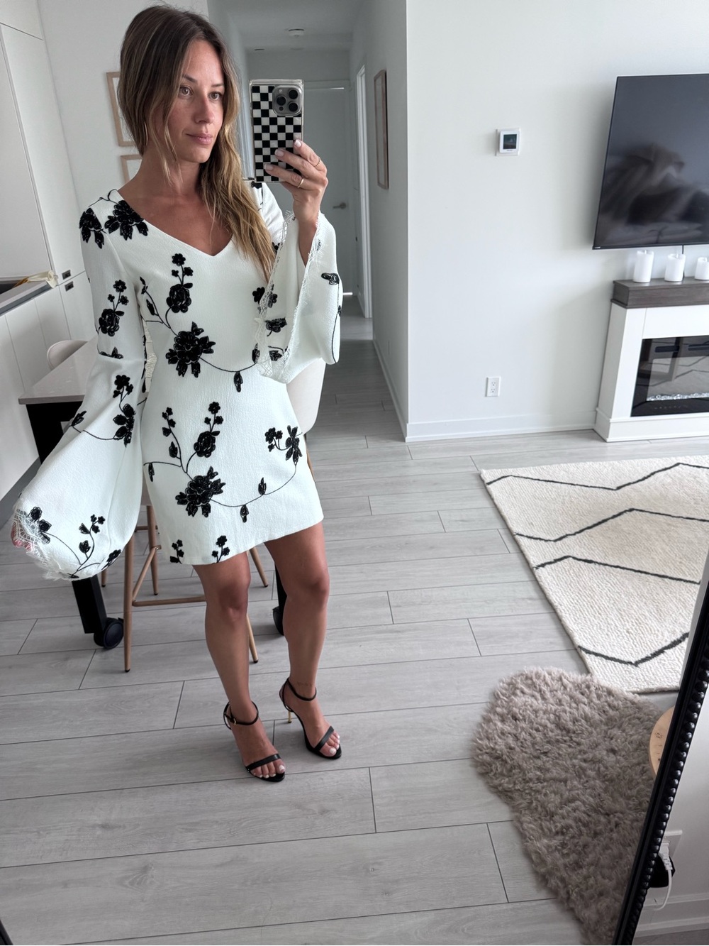 Mendocino- Gilbert White Mini Dress with Black Floral Embroidery